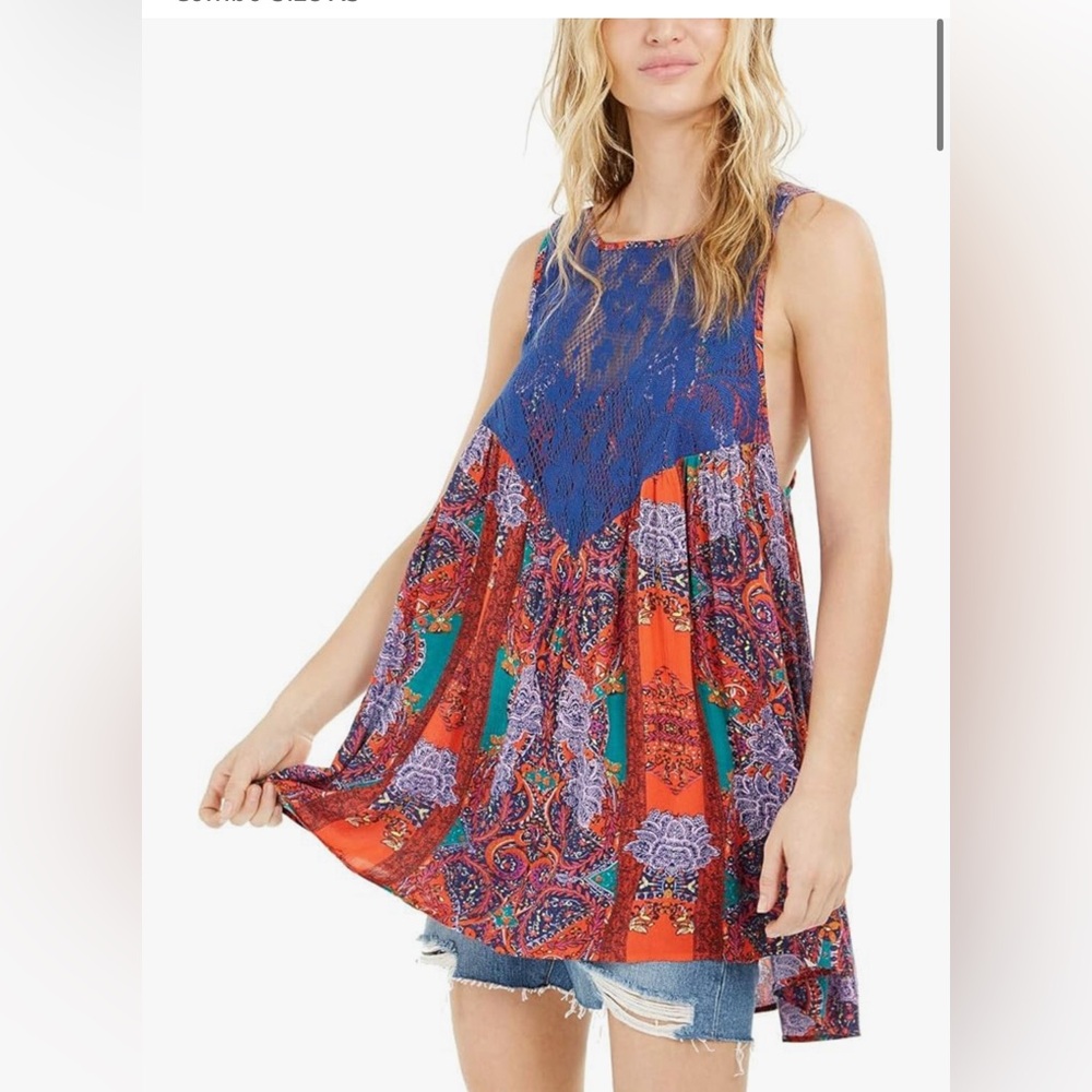 Free People Blue and Orange Patterned Top